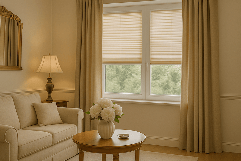 Jakie plisy do salonu z beżowymi zasłonami?