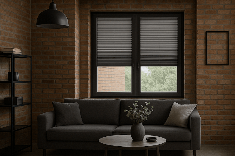 Plisy zaciemniające w salonie w stylu industrialnym